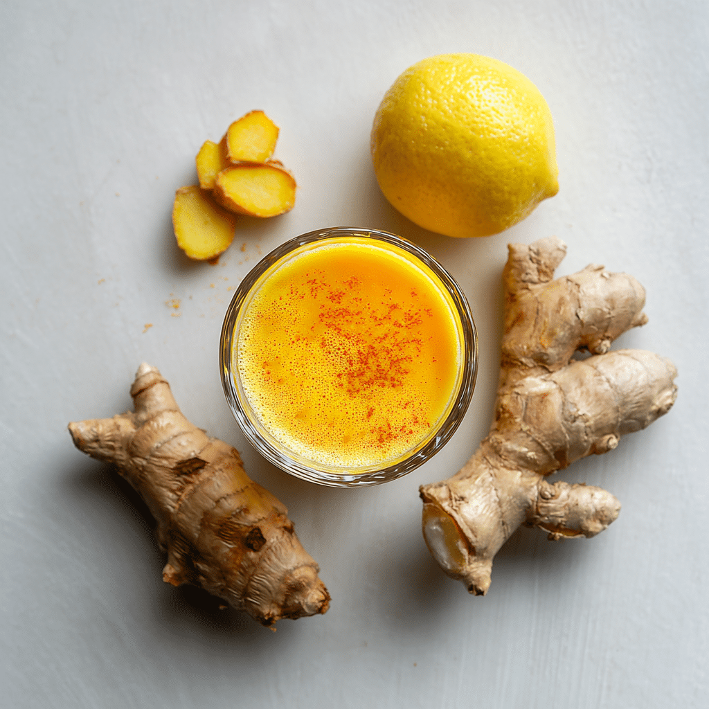 Ginger Turmeric Shot: Natural Morning Boost With Anti-Inflammatory Power 1 Ginger Turmeric Shot with lemon and root