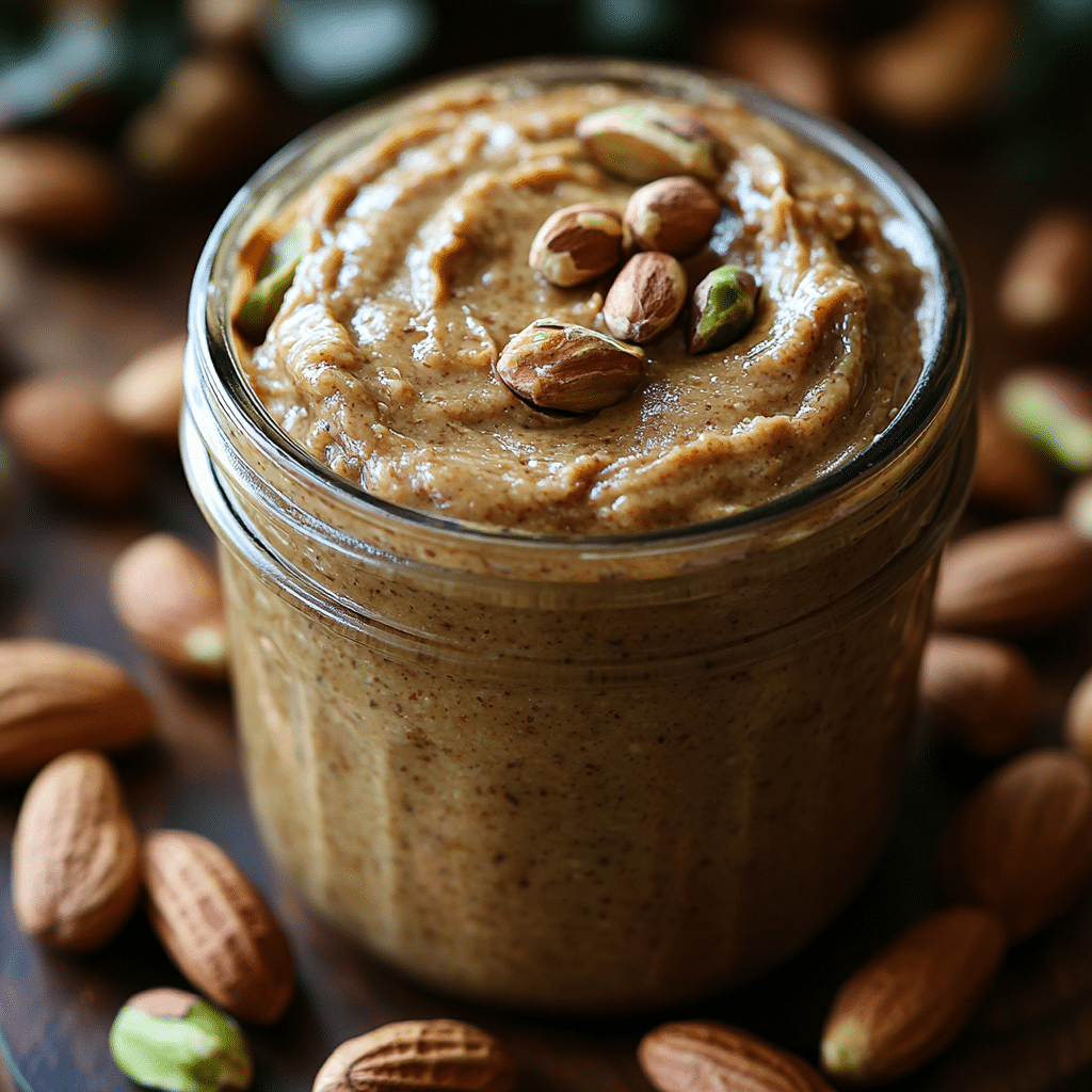 creamy pistachio peanut butter in a jar