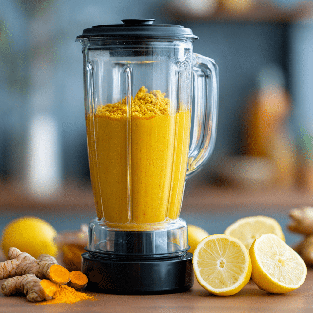 Ginger Turmeric Shot: Natural Morning Boost With Anti-Inflammatory Power 11 u1471415212 Blender filled with chopped turmeric ginger and l 06714982 fa23 432f b0f7 7aa19d664c47 3