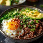 Hot Honey Ground Beef Bowl – Quick, Bold, and Balanced 9 served hot honey ground beef bowl with toppings