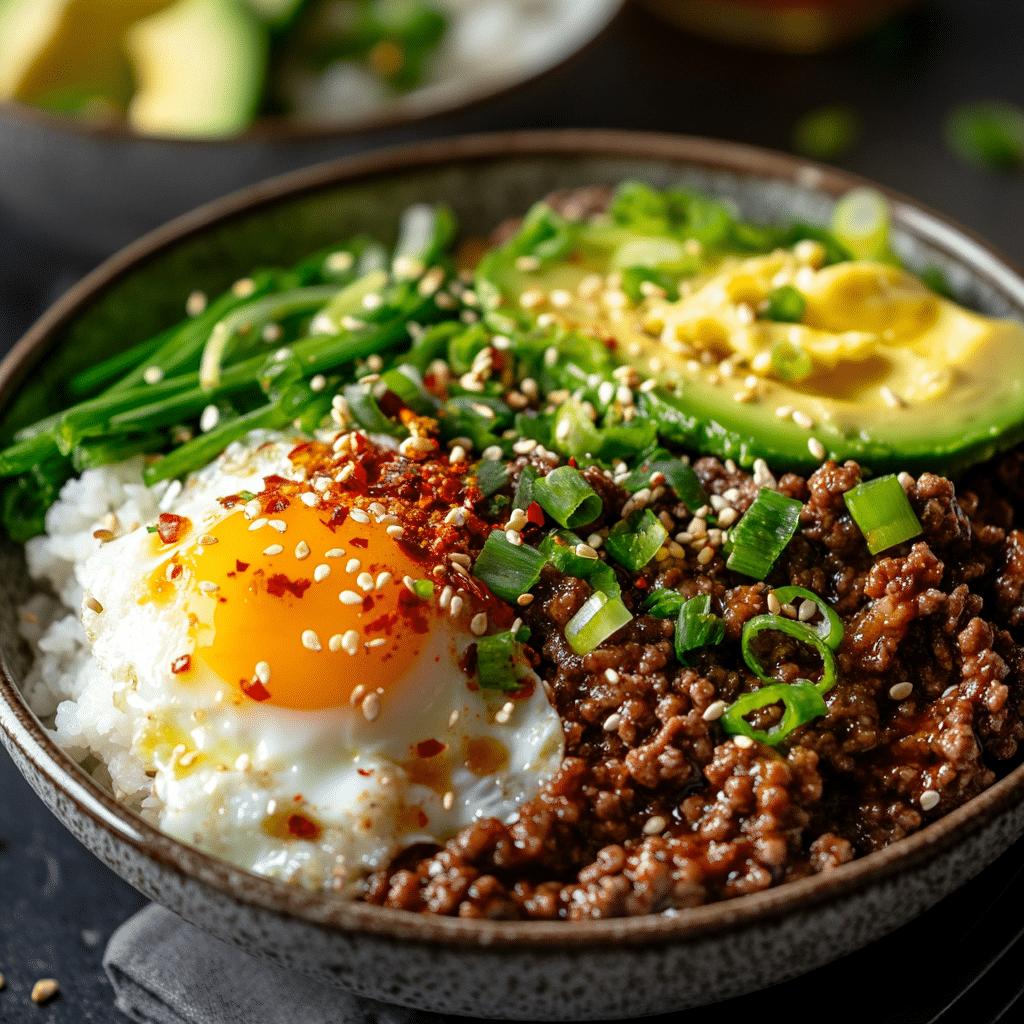 Hot Honey Ground Beef Bowl – Quick, Bold, and Balanced 2 served hot honey ground beef bowl with toppings