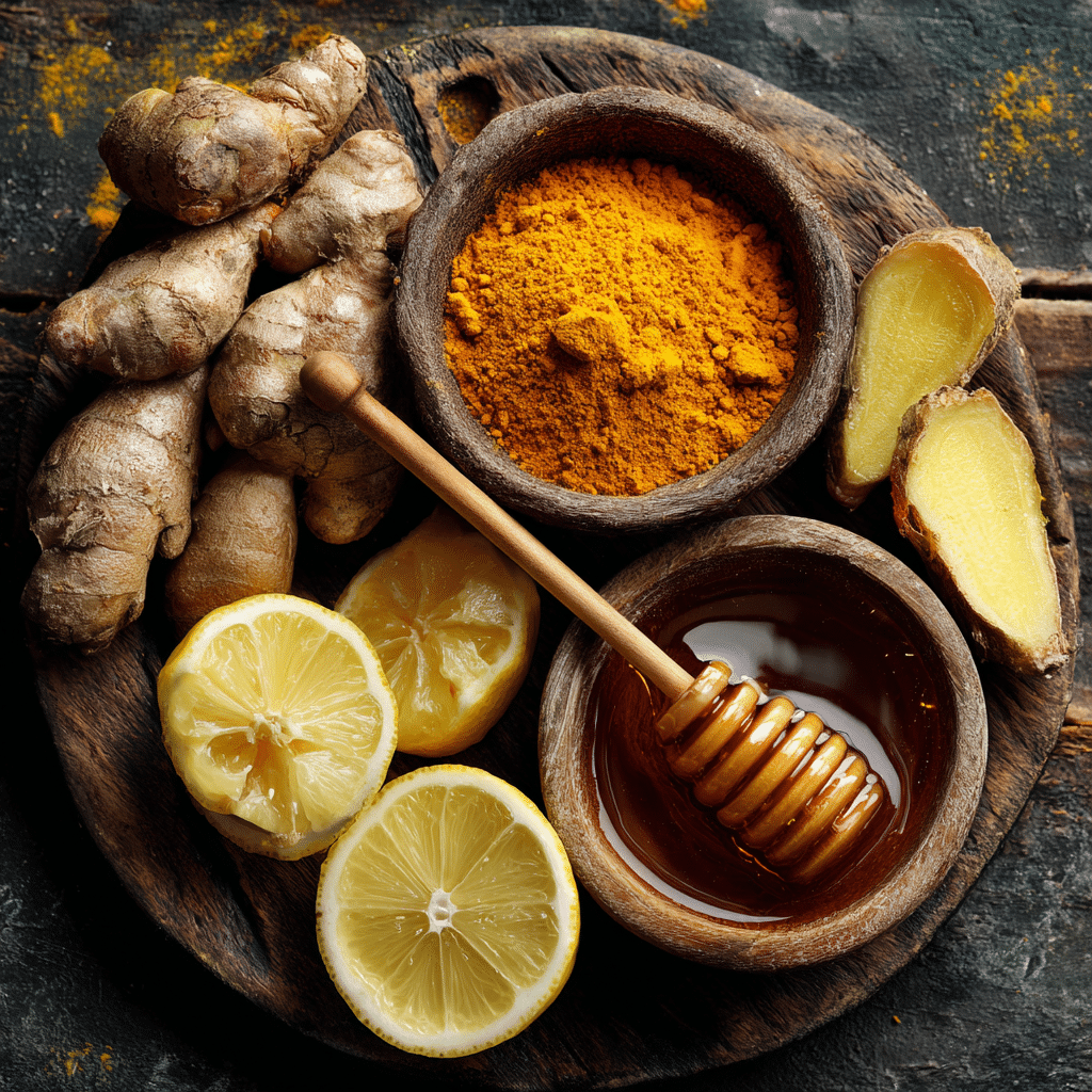Ginger Turmeric Shot: Natural Morning Boost With Anti-Inflammatory Power 10 u1471415212 Close up of turmeric root ginger root sliced lemo 578d43f4 d4e4 4f2d a0a8 fea7393678f7 1