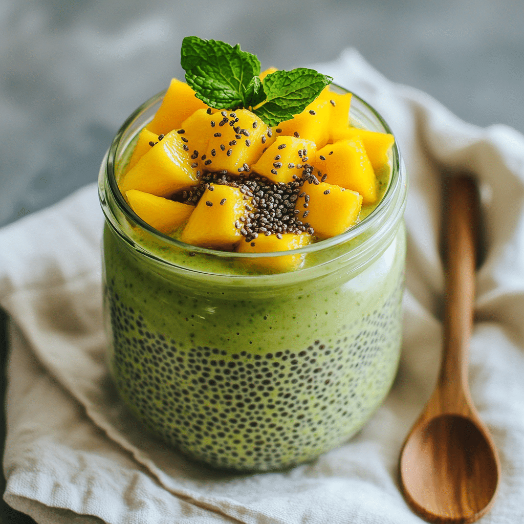 Mango Matcha Chia Pudding: Clean, Energizing & Easy Recipe 15 u1471415212 Finished mango matcha chia pudding in a glass jar 3fac00e2 d611 491b adc9 b93fc55bf609 2