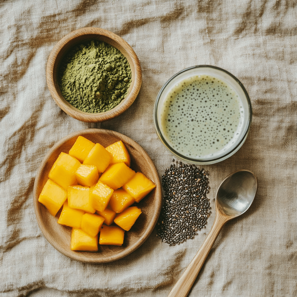 Mango Matcha Chia Pudding: Clean, Energizing & Easy Recipe 12 u1471415212 Flat lay of individual ingredients for mango matc 6cc37077 81fd 4858 969e ba3a7bcf1095 0