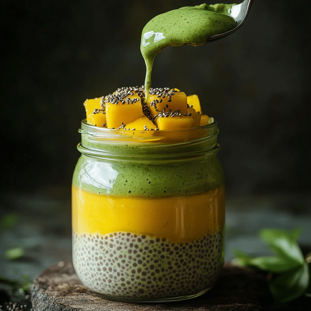 Mango Matcha Chia Pudding: Clean, Energizing & Easy Recipe 14 u1471415212 Glass jar being filled with one layer of green ma 1a1f1821 fcc2 40cc a1a9 7d7a671fbff5 0