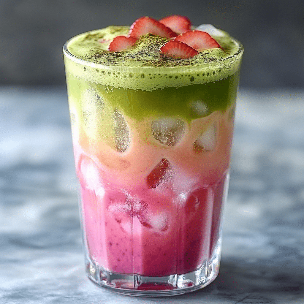 Strawberry Matcha Latte: A Creamy & Refreshing Superfood Sip 1 Strawberry matcha latte in clear glass