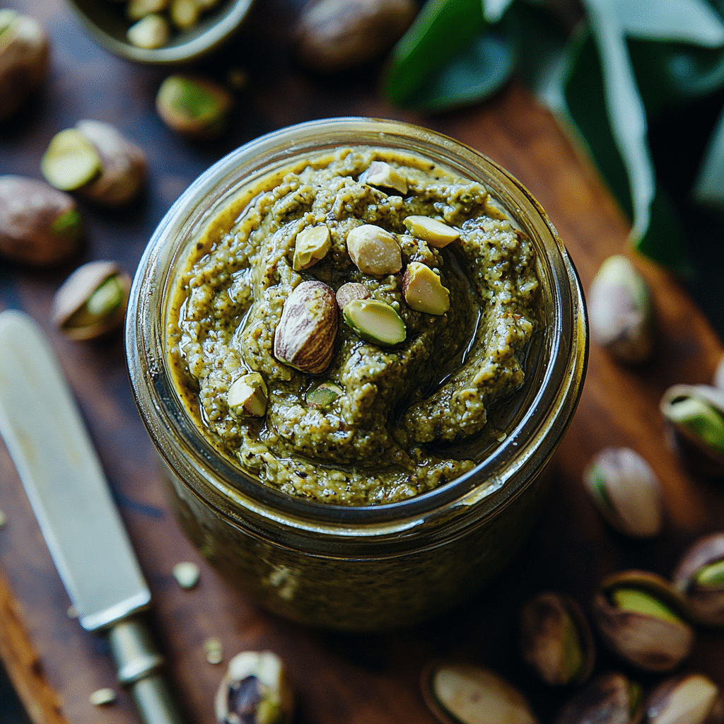 Vegan Pistachio Butter: Creamy, Healthy, and Easy to Make at Home 1 vegan pistachio butter in jar on wood table