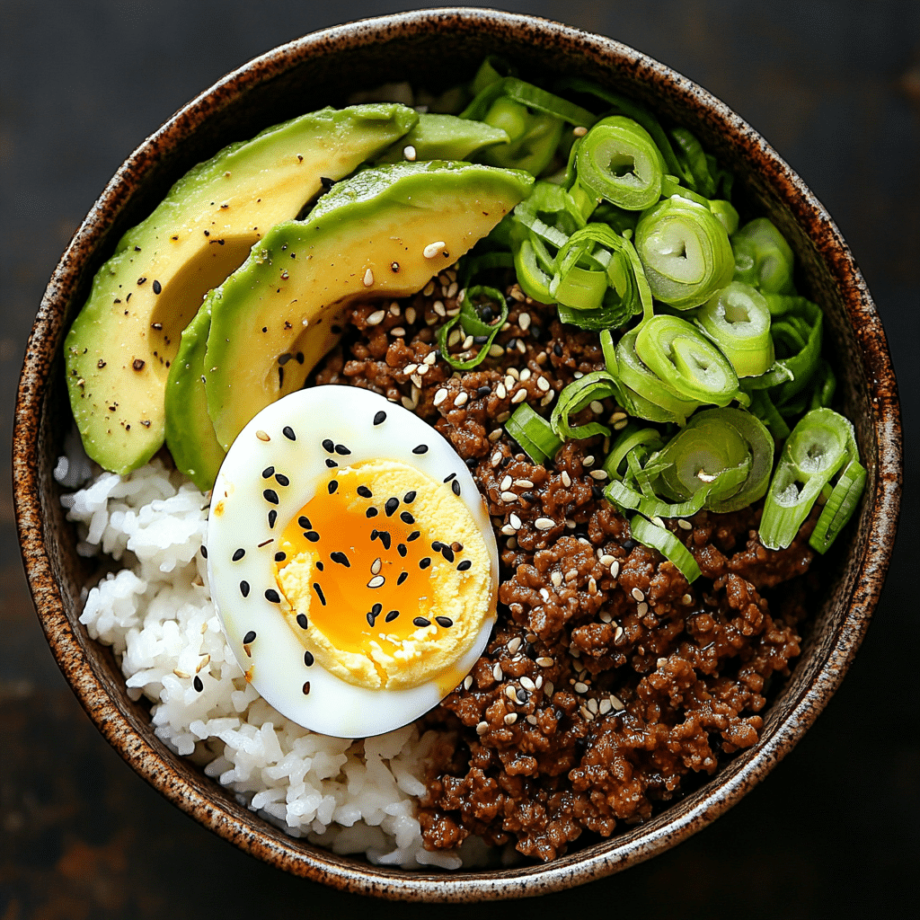 Hot Honey Ground Beef Bowl – Quick, Bold, and Balanced 1 hot honey ground beef bowl with rice and avocado