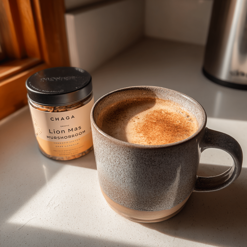 mushroom coffee for weight loss in a minimalist kitchen