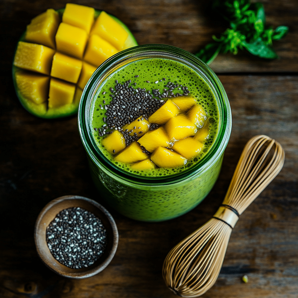 mango matcha chia pudding in jar with mango and matcha