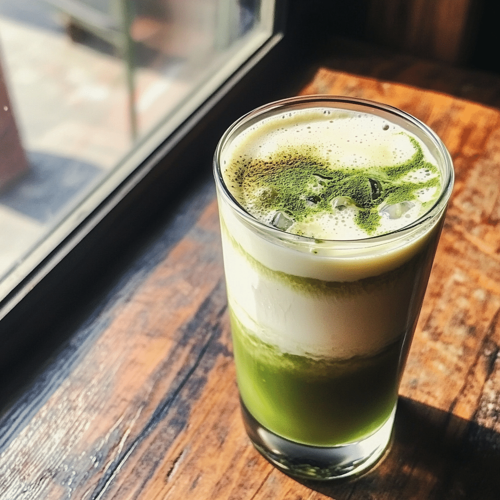 Iced matcha latte recipe in clear glass