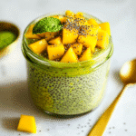 Mango Matcha Chia Pudding: Clean, Energizing & Easy Recipe 11 mango matcha chia pudding served in layered glass jar