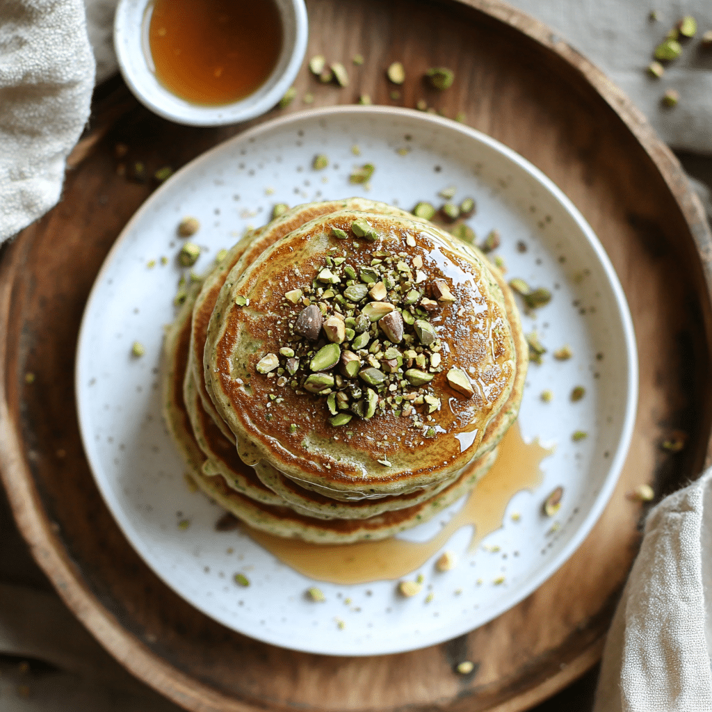 Pistachio Pancakes Recipe – Fluffy, Nutty, and Guilt-Free Goodness 2 Pistachio pancakes recipe card presentation with toppings