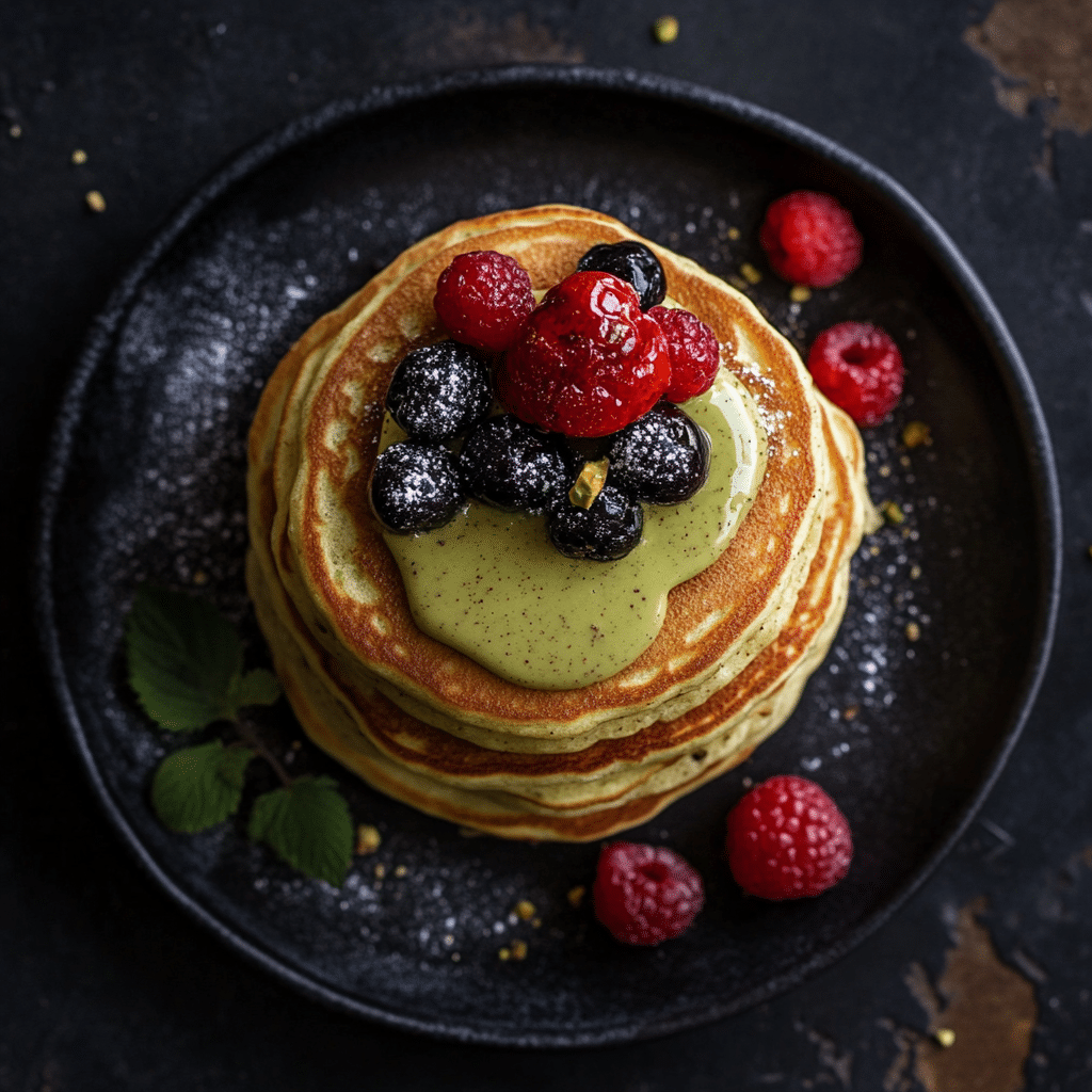 Fluffy pistachio pancakes recipe with berries