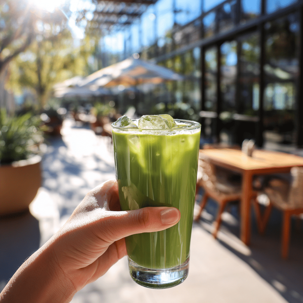 Hojicha Latte vs Matcha – Delicious Energy or Relaxing Comfort? 5 u1471415212 A hand holding a glass of iced matcha latte with dcafaf65 22f0 4c44 89cc 2882c219cfeb 1