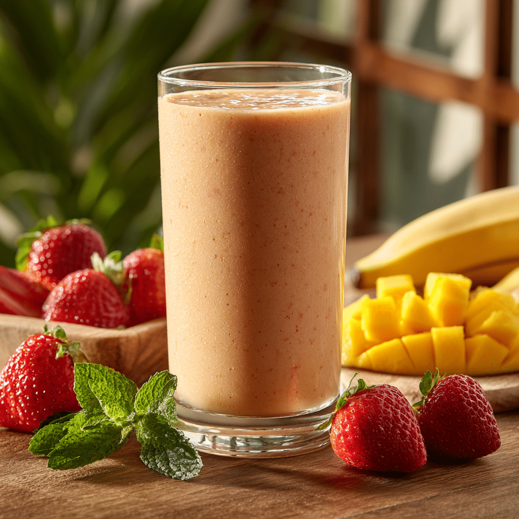 strawberry mango banana smoothie in glass
