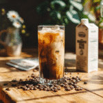 Vegan iced coffee with oat milk and coffee beans