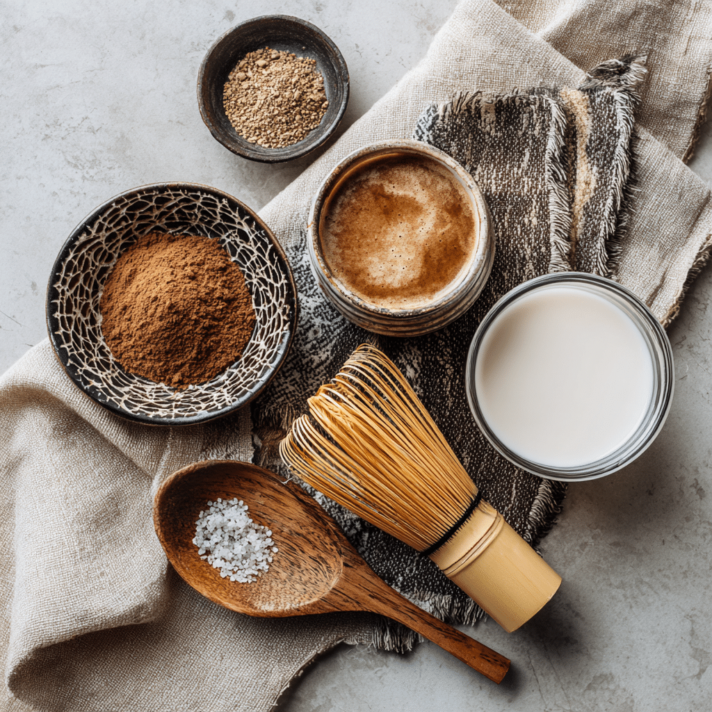 Hojicha Latte Recipe – A Cozy, Creamy Japanese Tea Drink 3 u1471415212 Flat lay of hojicha latte ingredients powder mi d6dedcb7 e24a 48d1 b42a fcd447c701f5 3