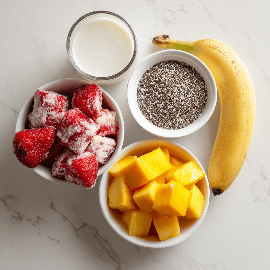Strawberry Mango Banana Smoothie – Refreshing and Naturally Sweet 3 u1471415212 Flat lay of ingredients for strawberry mango bana d829612d e8c6 4204 808e 85d157b8b4b4 2