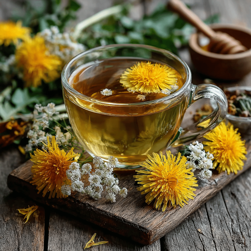 Dandelion tea recipe served in glass cup with fresh flowers