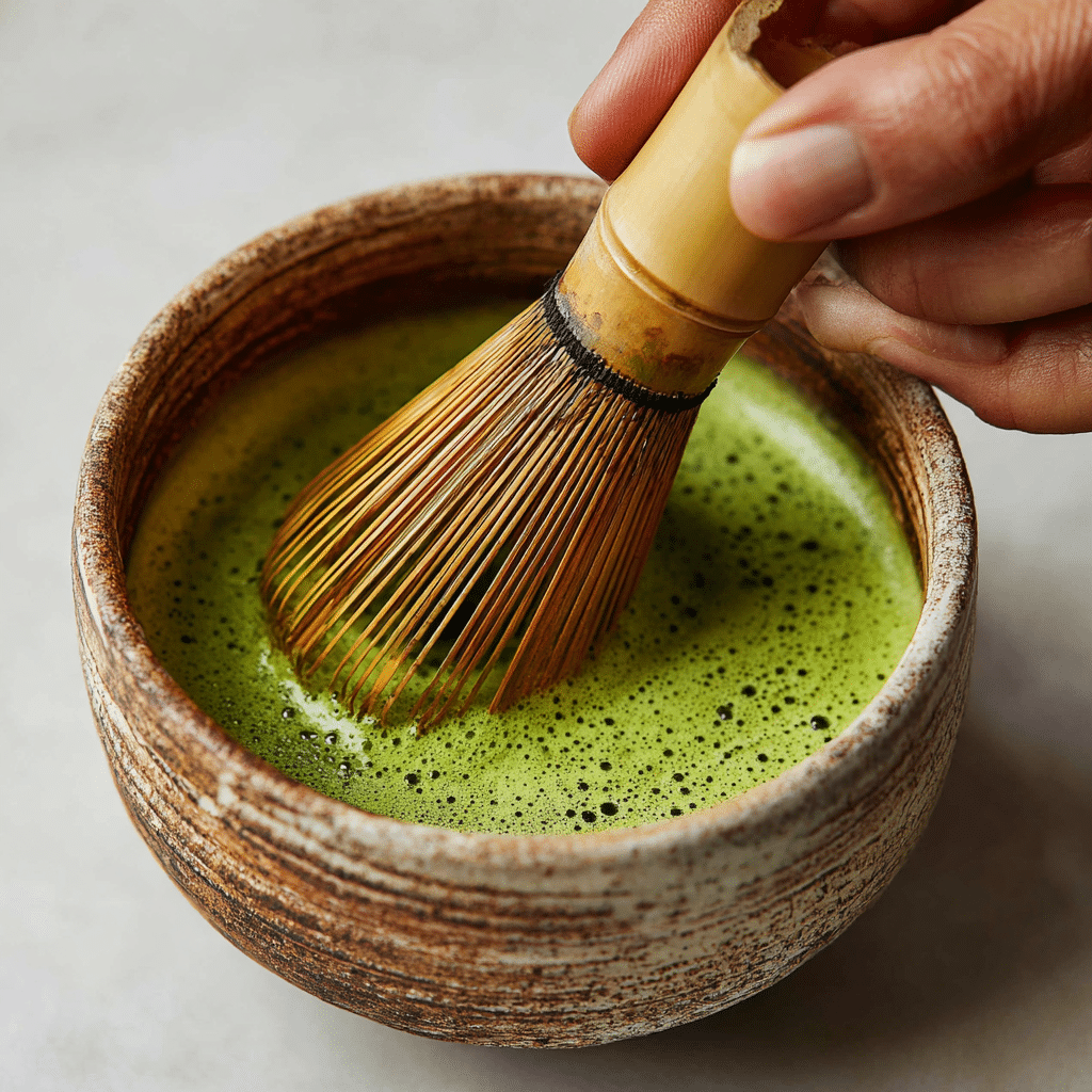 Hojicha Latte vs Matcha – Delicious Energy or Relaxing Comfort? 7 u1471415212 whisking matcha powder into frothy green mixture 7a89f4b4 31b4 433c b38d a4d01e0a1a10 2